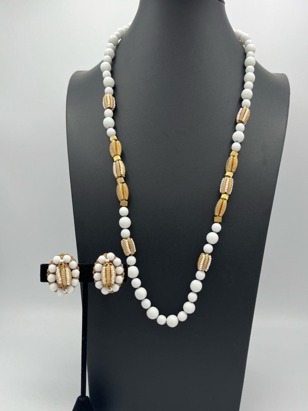 Rare 1950s Signed Miriam Haskell Milk Glass Necklace and Earring Set